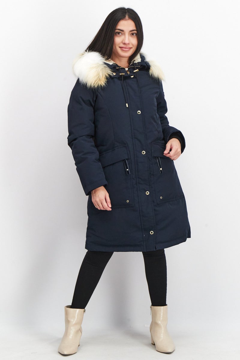 Sam Edelman Women Solid 3/4 Sleeve Long Sleeve Parka Jacket, Navy/Ivory - Image 4